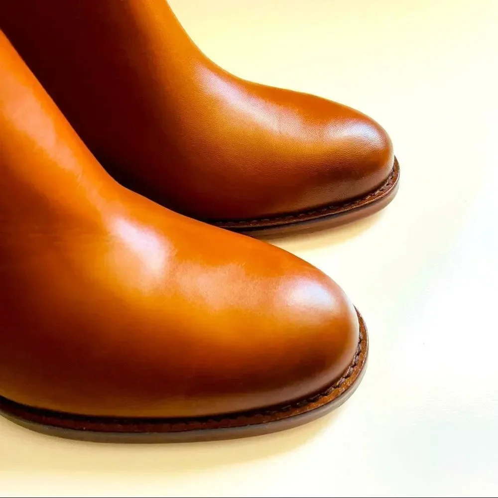 NWOT Zara Cognac Leather Block Heel Knee High Boots